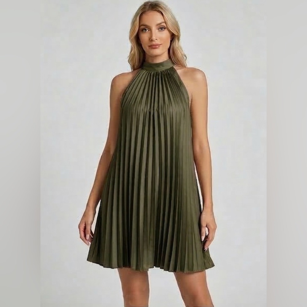 Tie Back Pleated Halter Dress Army Green